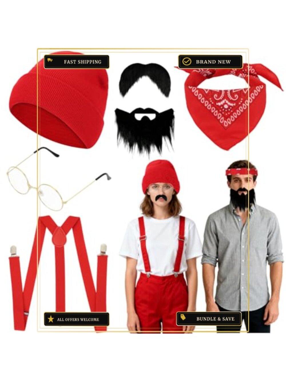 Halloween Men's Costume Kit Beard Beanie Mustache Bandana Glasses Suspenders